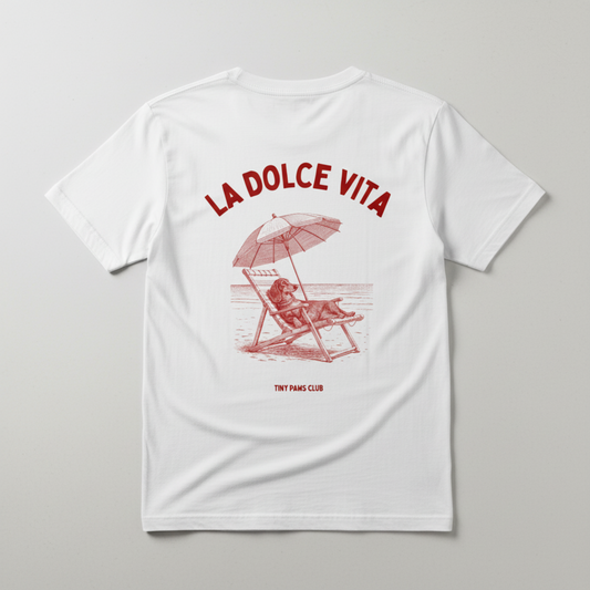 White t-shirt with red 'La Dolce Vita' design on a gray background