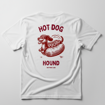White t-shirt with red hot dog graphic and text on a light gray background dachshund shirt