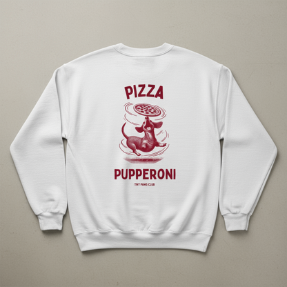 White sweatshirt with red graphic and text on a gray background dachshund crewneck sweatshirt