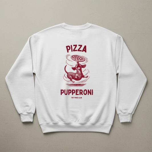 White sweatshirt with red graphic and text on a gray background dachshund crewneck sweatshirt